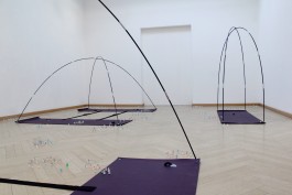 dystopian landscape, yogamats, tentpoles Artist  Eva Funk