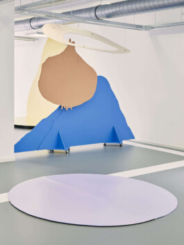 An art installation by Eva Funk with large abstract shapes in red, yellow, blue, and purple, displayed in an industrial-style gallery space. White walls and geometric patterns on the floor. Artist  Eva Funk