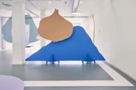 An art installation by Eva Funk with large abstract shapes in red, yellow, blue, and purple, displayed in an industrial-style gallery space. White walls and geometric patterns on the floor. Artist  Eva Funk